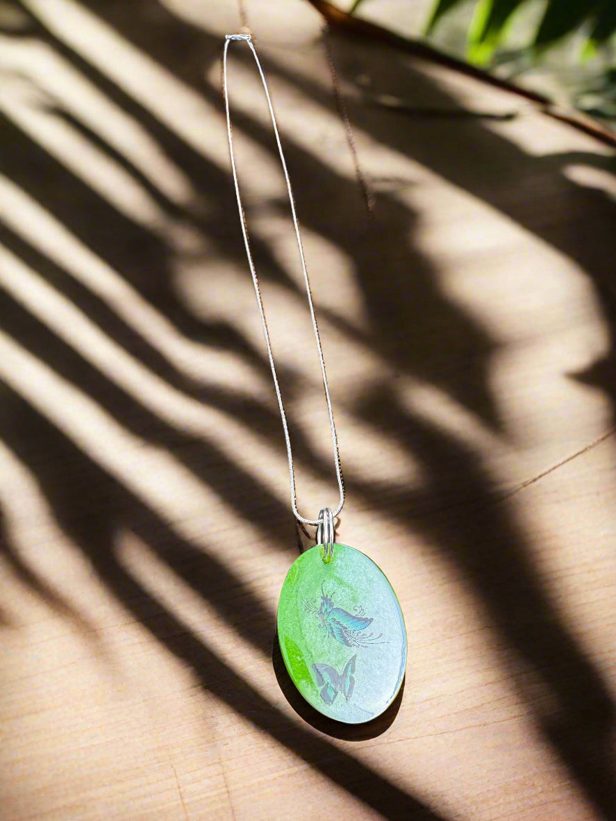 Handcrafted Resin Pendant Necklace, Silver Plated Chain Elegance